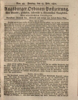 Augsburger Ordinari Postzeitung von Staats-, gelehrten, historisch- u. ökonomischen Neuigkeiten (Augsburger Postzeitung) Freitag 19. Februar 1830