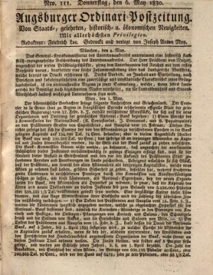 Augsburger Ordinari Postzeitung von Staats-, gelehrten, historisch- u. ökonomischen Neuigkeiten (Augsburger Postzeitung) Donnerstag 6. Mai 1830