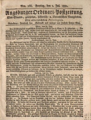 Augsburger Ordinari Postzeitung von Staats-, gelehrten, historisch- u. ökonomischen Neuigkeiten (Augsburger Postzeitung) Freitag 2. Juli 1830