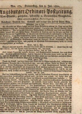Augsburger Ordinari Postzeitung von Staats-, gelehrten, historisch- u. ökonomischen Neuigkeiten (Augsburger Postzeitung) Donnerstag 8. Juli 1830