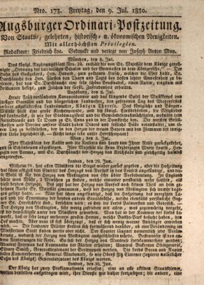 Augsburger Ordinari Postzeitung von Staats-, gelehrten, historisch- u. ökonomischen Neuigkeiten (Augsburger Postzeitung) Freitag 9. Juli 1830