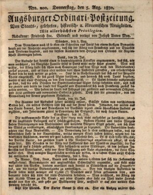 Augsburger Ordinari Postzeitung von Staats-, gelehrten, historisch- u. ökonomischen Neuigkeiten (Augsburger Postzeitung) Donnerstag 5. August 1830