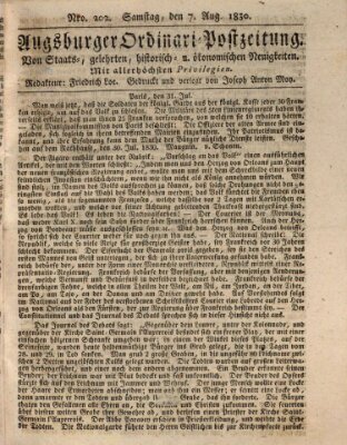 Augsburger Ordinari Postzeitung von Staats-, gelehrten, historisch- u. ökonomischen Neuigkeiten (Augsburger Postzeitung) Samstag 7. August 1830