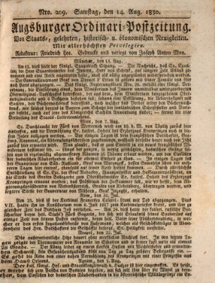 Augsburger Ordinari Postzeitung von Staats-, gelehrten, historisch- u. ökonomischen Neuigkeiten (Augsburger Postzeitung) Samstag 14. August 1830