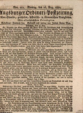 Augsburger Ordinari Postzeitung von Staats-, gelehrten, historisch- u. ökonomischen Neuigkeiten (Augsburger Postzeitung) Montag 16. August 1830
