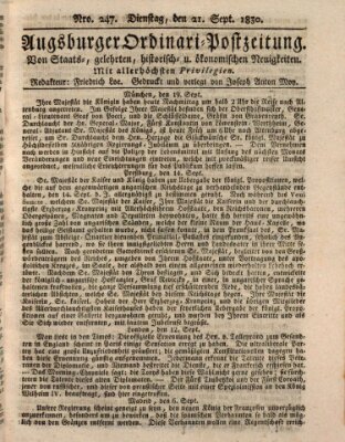 Augsburger Ordinari Postzeitung von Staats-, gelehrten, historisch- u. ökonomischen Neuigkeiten (Augsburger Postzeitung) Dienstag 21. September 1830