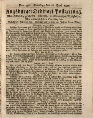 Augsburger Ordinari Postzeitung von Staats-, gelehrten, historisch- u. ökonomischen Neuigkeiten (Augsburger Postzeitung) Sonntag 26. September 1830