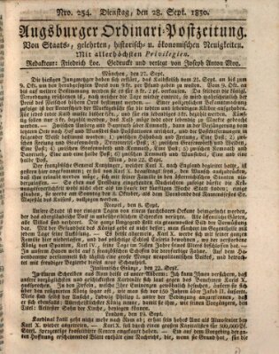 Augsburger Ordinari Postzeitung von Staats-, gelehrten, historisch- u. ökonomischen Neuigkeiten (Augsburger Postzeitung) Dienstag 28. September 1830
