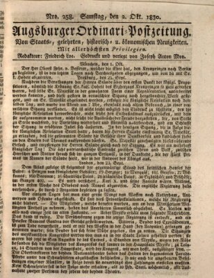Augsburger Ordinari Postzeitung von Staats-, gelehrten, historisch- u. ökonomischen Neuigkeiten (Augsburger Postzeitung) Samstag 2. Oktober 1830