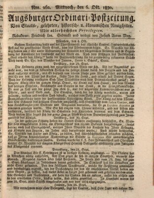 Augsburger Ordinari Postzeitung von Staats-, gelehrten, historisch- u. ökonomischen Neuigkeiten (Augsburger Postzeitung) Mittwoch 6. Oktober 1830