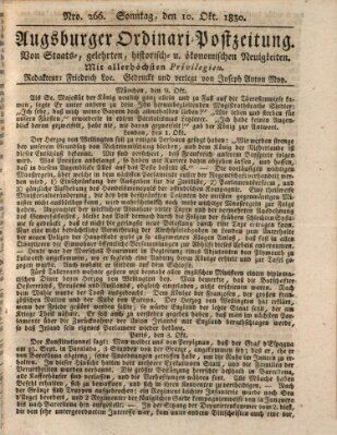 Augsburger Ordinari Postzeitung von Staats-, gelehrten, historisch- u. ökonomischen Neuigkeiten (Augsburger Postzeitung) Sonntag 10. Oktober 1830