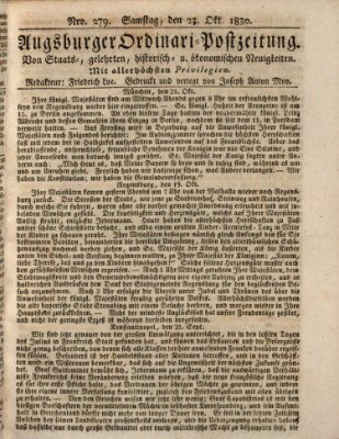 Augsburger Ordinari Postzeitung von Staats-, gelehrten, historisch- u. ökonomischen Neuigkeiten (Augsburger Postzeitung) Samstag 23. Oktober 1830