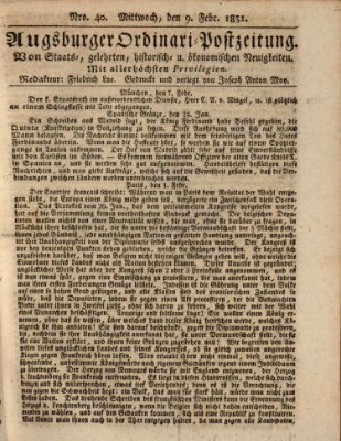Augsburger Ordinari Postzeitung von Staats-, gelehrten, historisch- u. ökonomischen Neuigkeiten (Augsburger Postzeitung) Mittwoch 9. Februar 1831