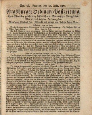 Augsburger Ordinari Postzeitung von Staats-, gelehrten, historisch- u. ökonomischen Neuigkeiten (Augsburger Postzeitung) Freitag 25. Februar 1831