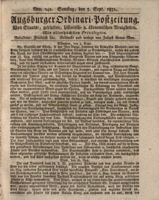 Augsburger Ordinari Postzeitung von Staats-, gelehrten, historisch- u. ökonomischen Neuigkeiten (Augsburger Postzeitung) Samstag 3. September 1831