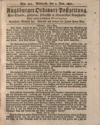 Augsburger Ordinari Postzeitung von Staats-, gelehrten, historisch- u. ökonomischen Neuigkeiten (Augsburger Postzeitung) Mittwoch 2. November 1831