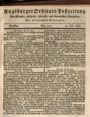 Augsburger Ordinari Postzeitung von Staats-, gelehrten, historisch- u. ökonomischen Neuigkeiten (Augsburger Postzeitung) Dienstag 31. Juli 1832
