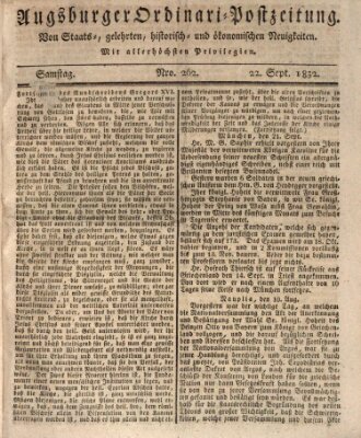 Augsburger Ordinari Postzeitung von Staats-, gelehrten, historisch- u. ökonomischen Neuigkeiten (Augsburger Postzeitung) Samstag 22. September 1832