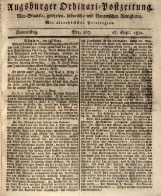 Augsburger Ordinari Postzeitung von Staats-, gelehrten, historisch- u. ökonomischen Neuigkeiten (Augsburger Postzeitung) Donnerstag 27. September 1832