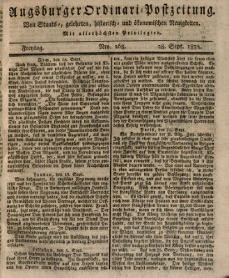 Augsburger Ordinari Postzeitung von Staats-, gelehrten, historisch- u. ökonomischen Neuigkeiten (Augsburger Postzeitung) Freitag 28. September 1832