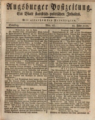 Augsburger Postzeitung Samstag 16. Februar 1833