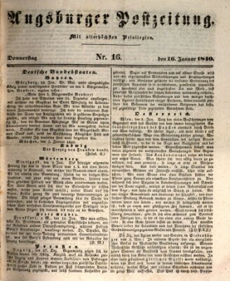 Augsburger Postzeitung Donnerstag 16. Januar 1840