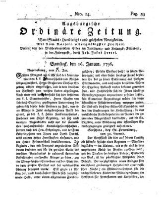 Augsburgische ordinäre Zeitung von Staats-Handlungs- und gelehrten Neuigkeiten (Augsburger Abendzeitung) Samstag 16. Januar 1796