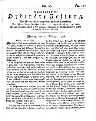 Augsburgische ordinäre Zeitung von Staats-Handlungs- und gelehrten Neuigkeiten (Augsburger Abendzeitung) Montag 22. Februar 1796