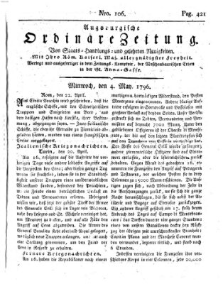 Augsburgische ordinäre Zeitung von Staats-Handlungs- und gelehrten Neuigkeiten (Augsburger Abendzeitung) Mittwoch 4. Mai 1796