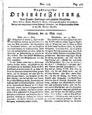 Augsburgische ordinäre Zeitung von Staats-Handlungs- und gelehrten Neuigkeiten (Augsburger Abendzeitung) Mittwoch 18. Mai 1796