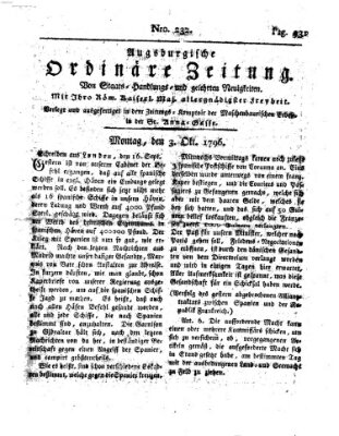 Augsburgische ordinäre Zeitung von Staats-Handlungs- und gelehrten Neuigkeiten (Augsburger Abendzeitung) Montag 3. Oktober 1796