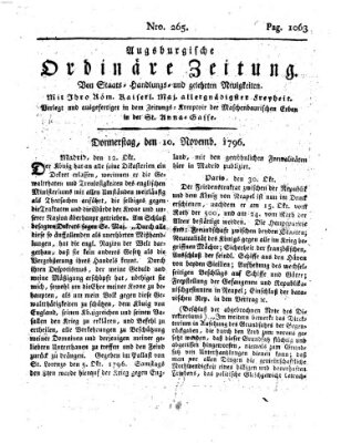 Augsburgische ordinäre Zeitung von Staats-Handlungs- und gelehrten Neuigkeiten (Augsburger Abendzeitung) Donnerstag 10. November 1796