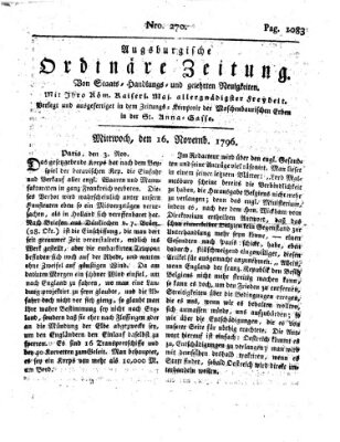 Augsburgische ordinäre Zeitung von Staats-Handlungs- und gelehrten Neuigkeiten (Augsburger Abendzeitung) Mittwoch 16. November 1796