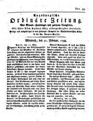 Augsburgische ordinäre Zeitung von Staats-Handlungs- und gelehrten Neuigkeiten (Augsburger Abendzeitung) Mittwoch 21. Februar 1798