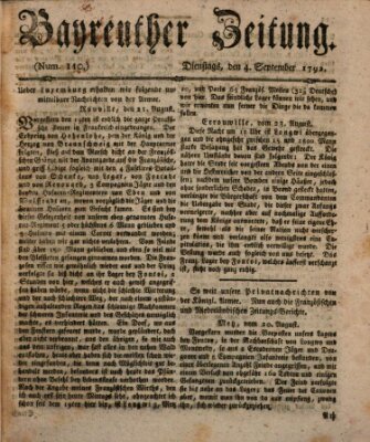Bayreuther Zeitung Dienstag 4. September 1792