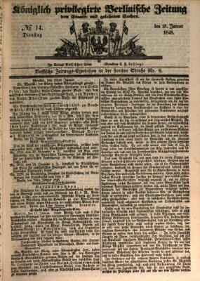 Königlich privilegirte Berlinische Zeitung von Staats- und gelehrten Sachen (Berlinische privilegirte Zeitung) Dienstag 18. Januar 1848
