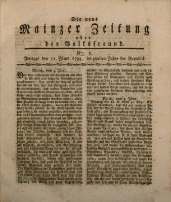 Die neue Mainzer Zeitung oder der Volksfreund Freitag 11. Januar 1793