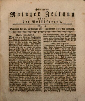 Die neue Mainzer Zeitung oder der Volksfreund Sonntag 10. Februar 1793