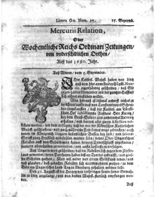 Mercurii Relation, oder wochentliche Reichs Ordinari Zeitungen, von underschidlichen Orthen (Süddeutsche Presse) Sonntag 15. September 1680