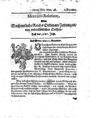 Mercurii Relation, oder wochentliche Reichs Ordinari Zeitungen, von underschidlichen Orthen (Süddeutsche Presse) Sonntag 1. Dezember 1680