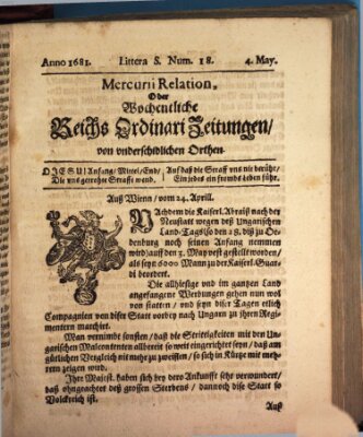Mercurii Relation, oder wochentliche Reichs Ordinari Zeitungen, von underschidlichen Orthen (Süddeutsche Presse) Sonntag 4. Mai 1681