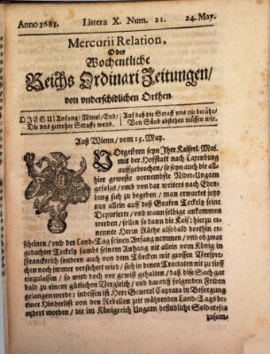 Mercurii Relation, oder wochentliche Reichs Ordinari Zeitungen, von underschidlichen Orthen (Süddeutsche Presse) Samstag 24. Mai 1681