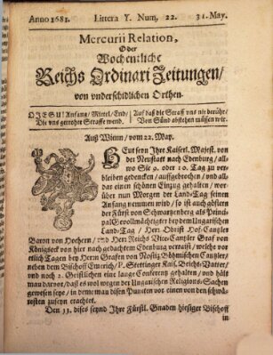 Mercurii Relation, oder wochentliche Reichs Ordinari Zeitungen, von underschidlichen Orthen (Süddeutsche Presse) Samstag 31. Mai 1681