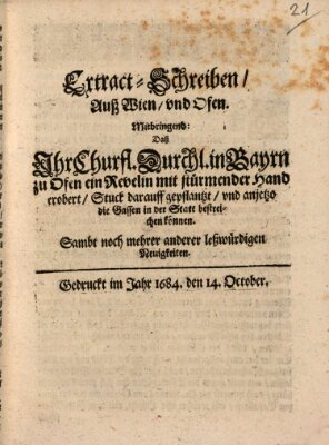 Mercurii Relation, oder wochentliche Reichs Ordinari Zeitungen, von underschidlichen Orthen (Süddeutsche Presse) Samstag 14. Oktober 1684