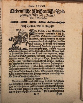 Ordentliche wochentliche Post-Zeitungen Samstag 15. September 1685