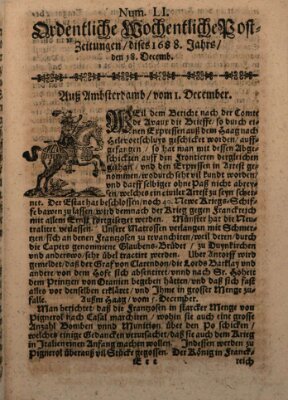 Ordentliche wochentliche Post-Zeitungen Samstag 18. Dezember 1688