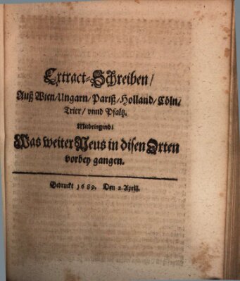 Mercurii Relation, oder wochentliche Reichs Ordinari Zeitungen, von underschidlichen Orthen (Süddeutsche Presse) Samstag 2. April 1689