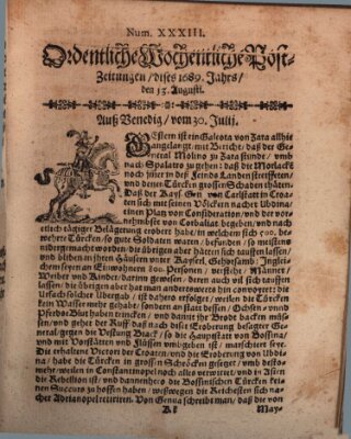 Ordentliche wochentliche Post-Zeitungen Samstag 13. August 1689