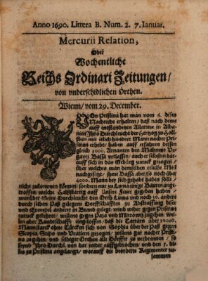 Mercurii Relation, oder wochentliche Reichs Ordinari Zeitungen, von underschidlichen Orthen (Süddeutsche Presse) Samstag 7. Januar 1690