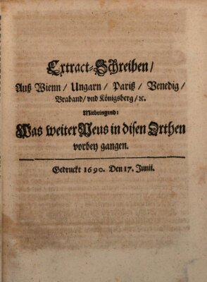 Mercurii Relation, oder wochentliche Reichs Ordinari Zeitungen, von underschidlichen Orthen (Süddeutsche Presse) Samstag 17. Juni 1690